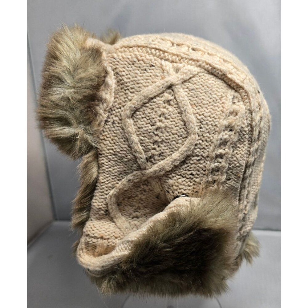 Knit Beige Aviator Hat Faux Fur Trim Winter Warm ski cottagecore vintage outdoor